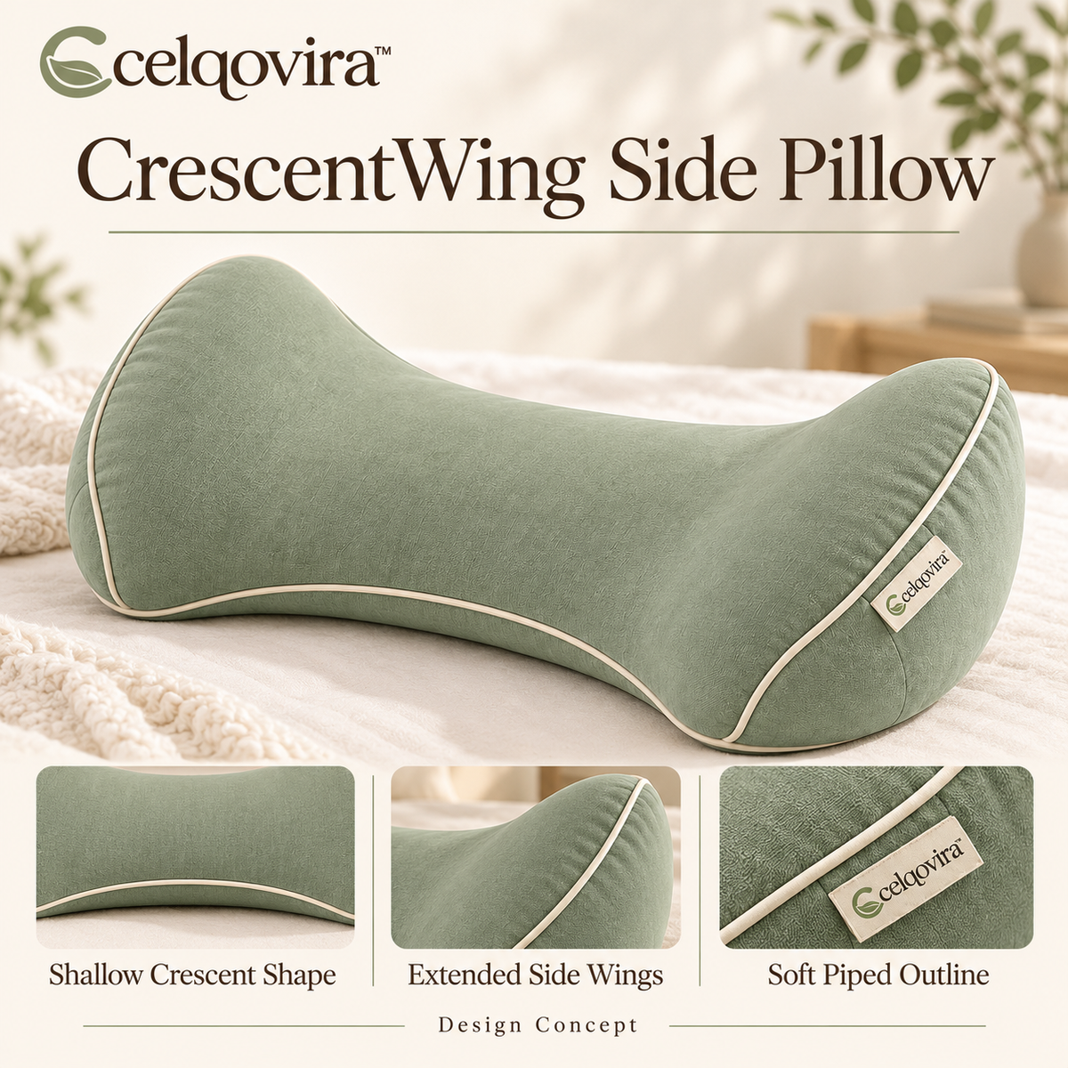 Celqovira™ CrescentWing Side Pillow — design overview