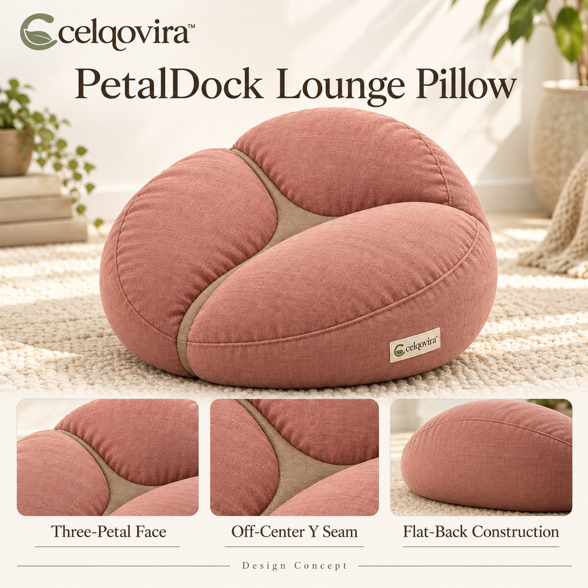 Celqovira™ PetalDock Lounge Pillow — design overview